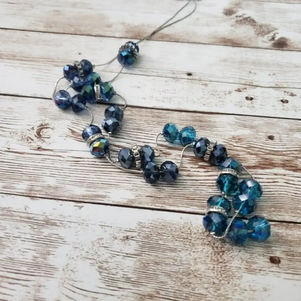 Long Necklace with Blue & Silver Tone Beads Thin Strand